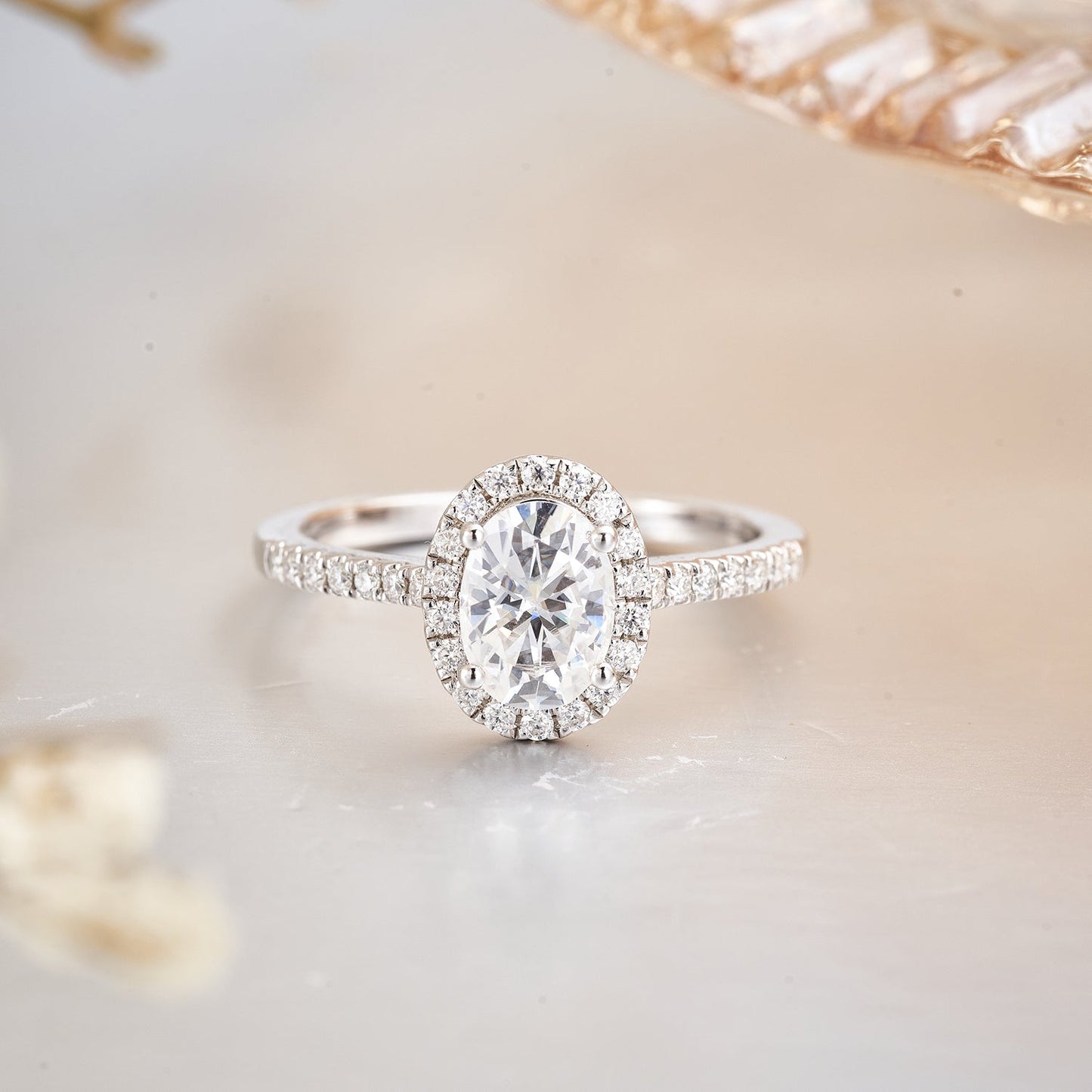 14K White Gold Oval Halo Moissanite Engagement Ring for Women 1 Carat
