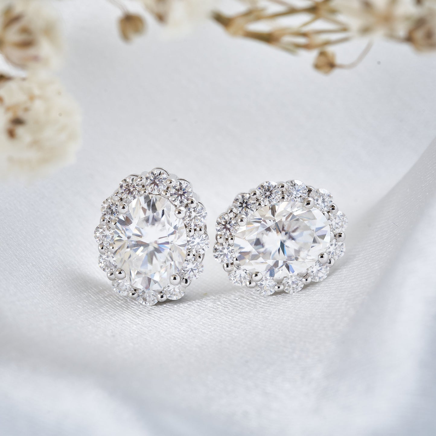 Moissanite Oval Halo Stud Earrings for Women 3CT