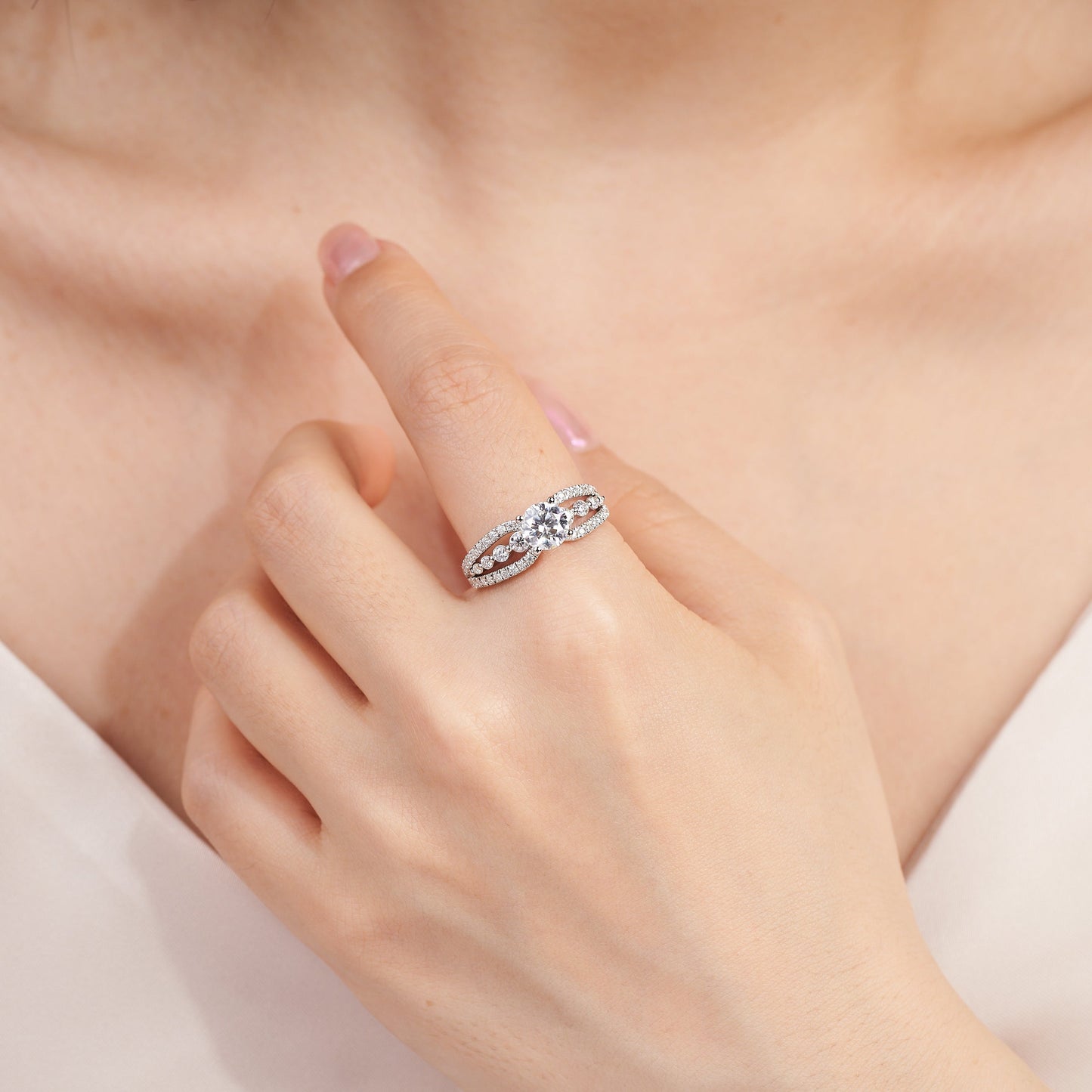 1CT Moissanite Split Shank 3 Rows Pave Engagement Ring for Women