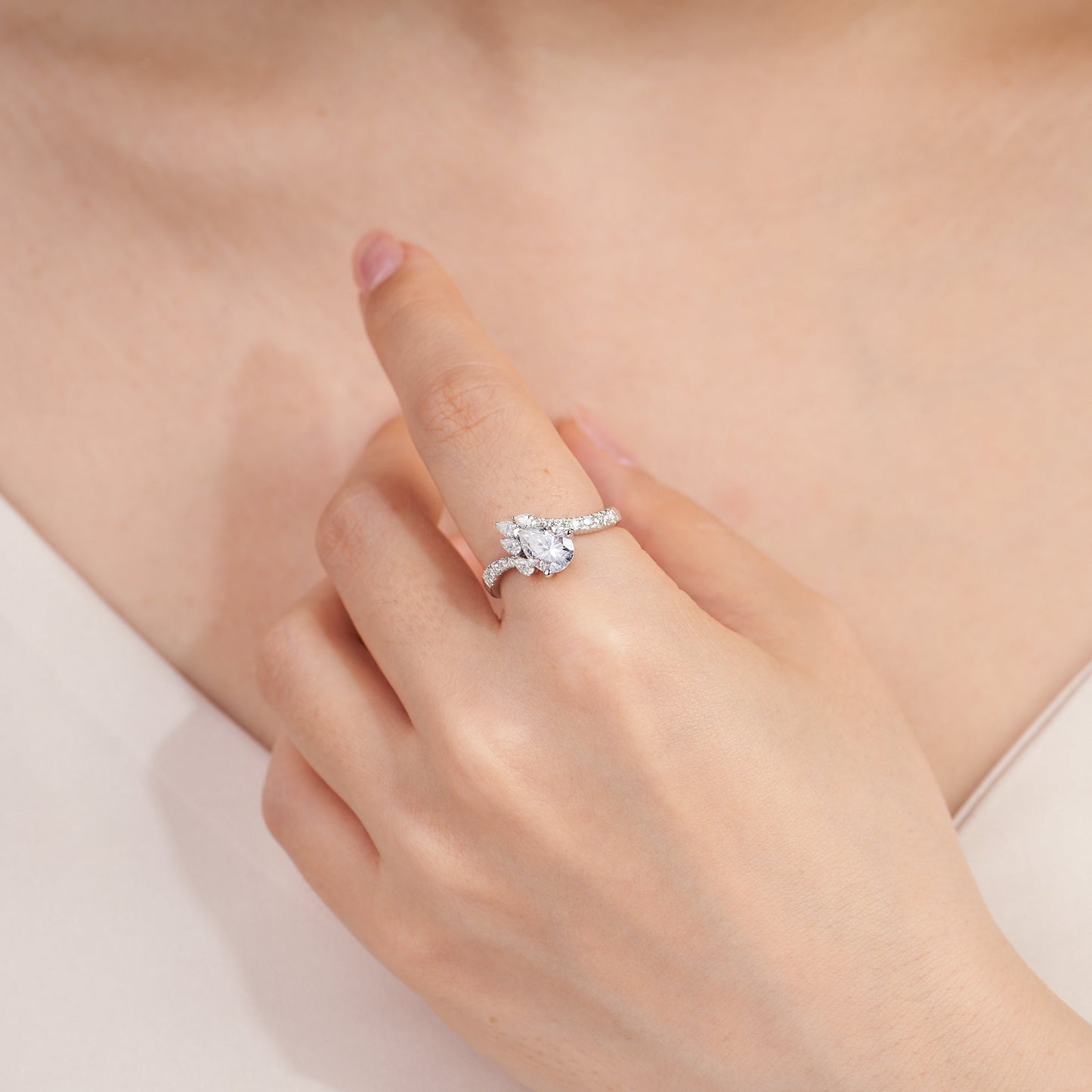 Moissanite Pear Shaped Engagement Ring for Women with Bypass Pave Band