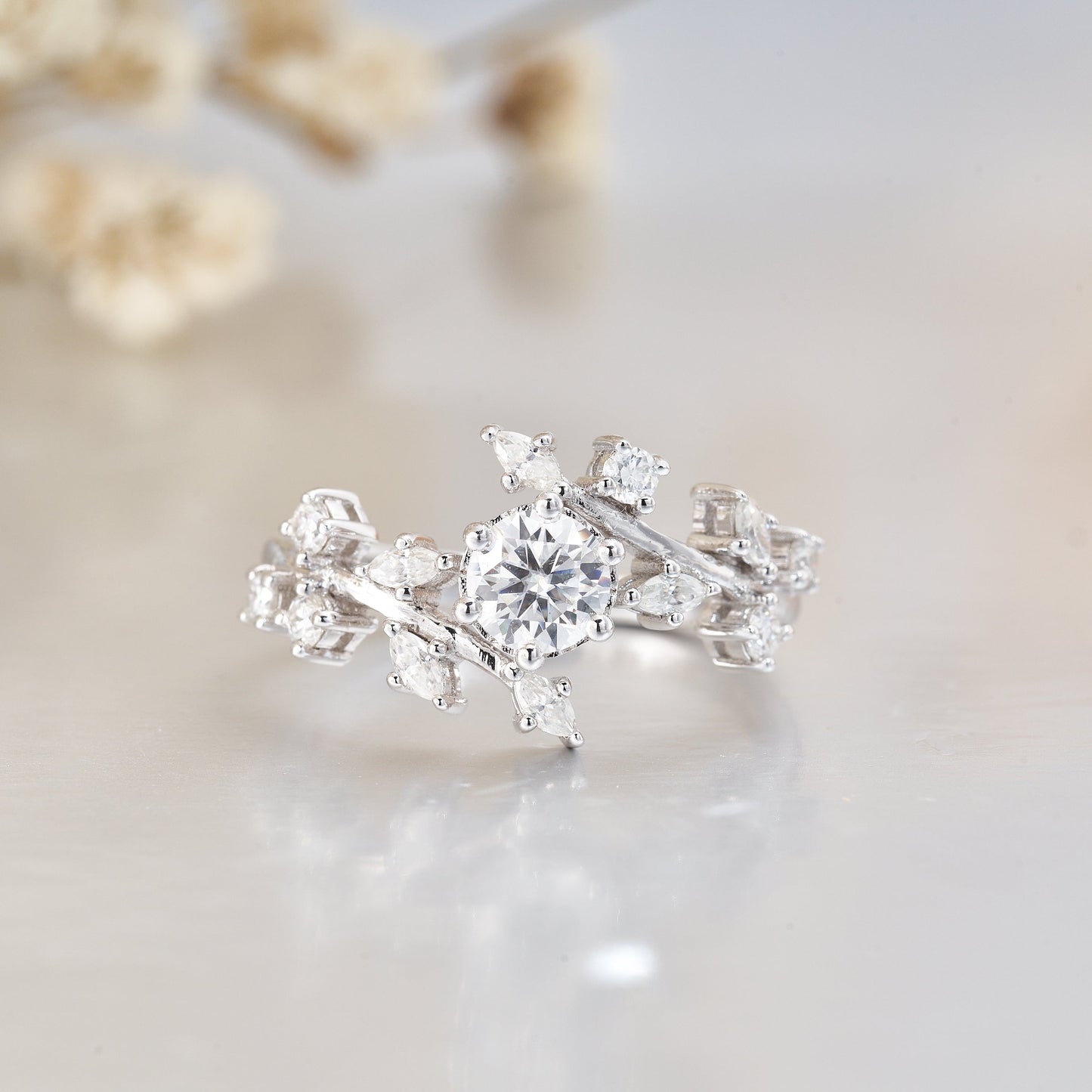 0.5CT Moissanite Nature-Inspired Leaf Bypass Engagement Ring for Women