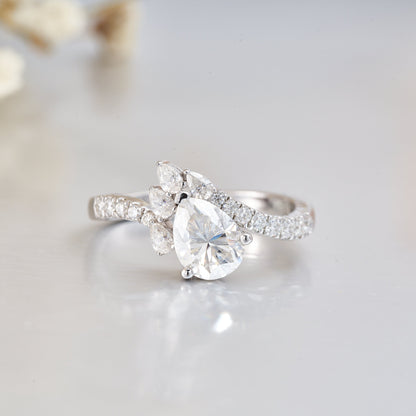Moissanite Pear Shaped Engagement Ring for Women with Bypass Pave Band