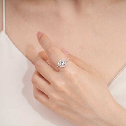 Moissanite Art Deco Hexagon Halo Engagement Ring for Women 1CT