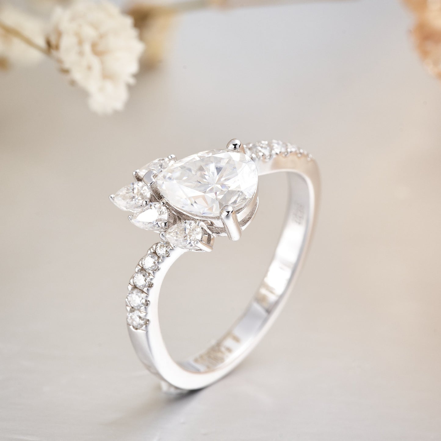 Moissanite Pear Shaped Engagement Ring for Women with Bypass Pave Band