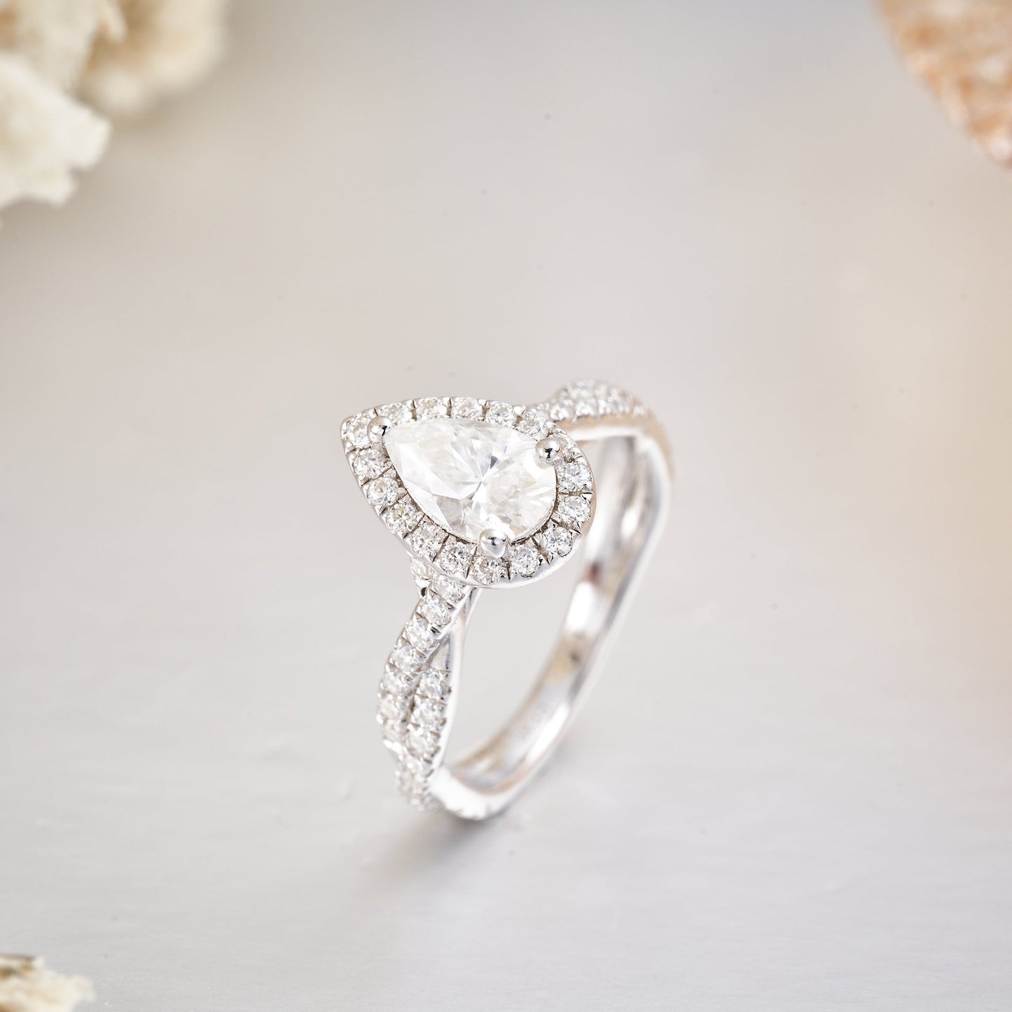 1CT Pear Shaped Moissanite Halo Engagement Ring with Infinity Band