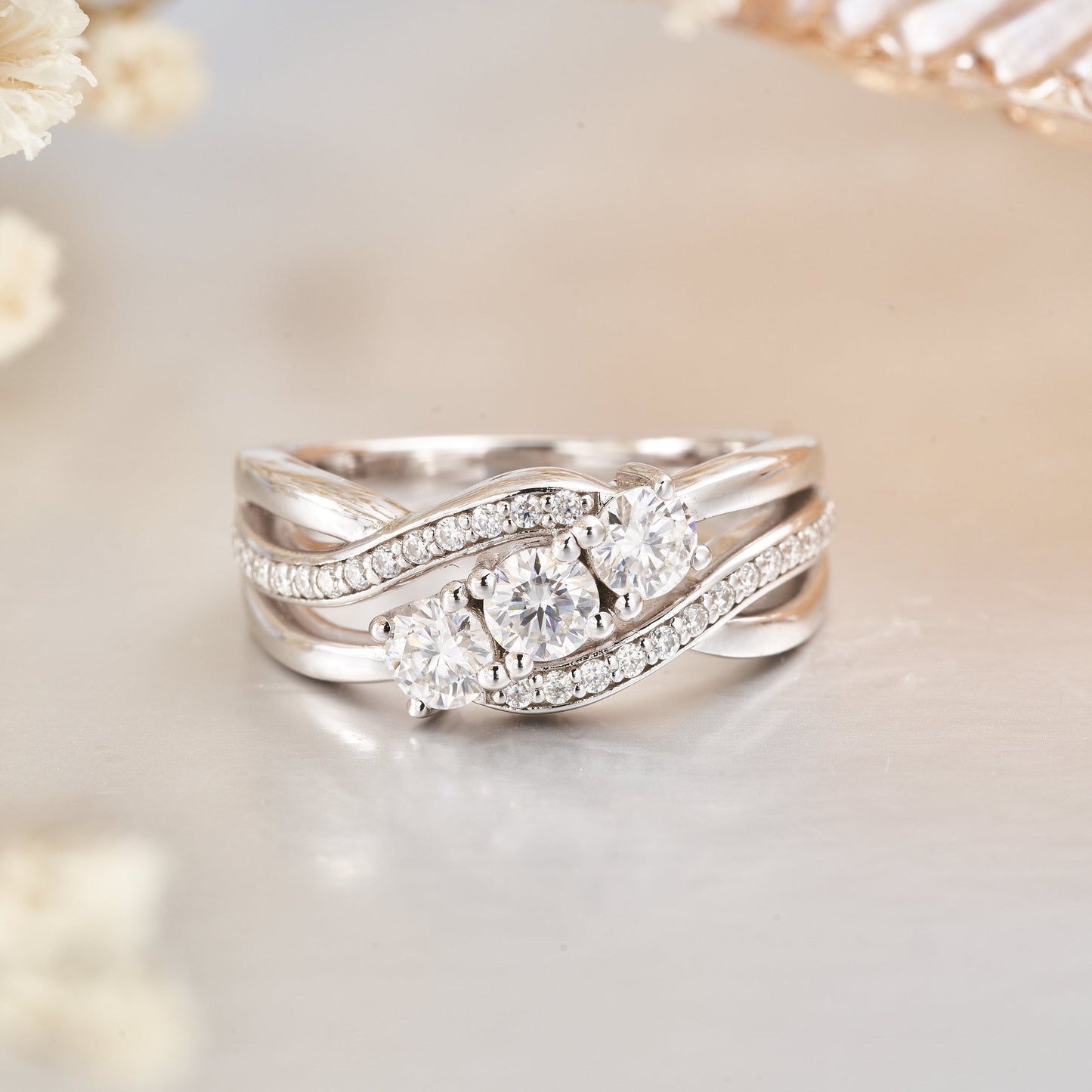 Moissanite 3 Stones Twisted Engagement Rings for Women 0.68CT