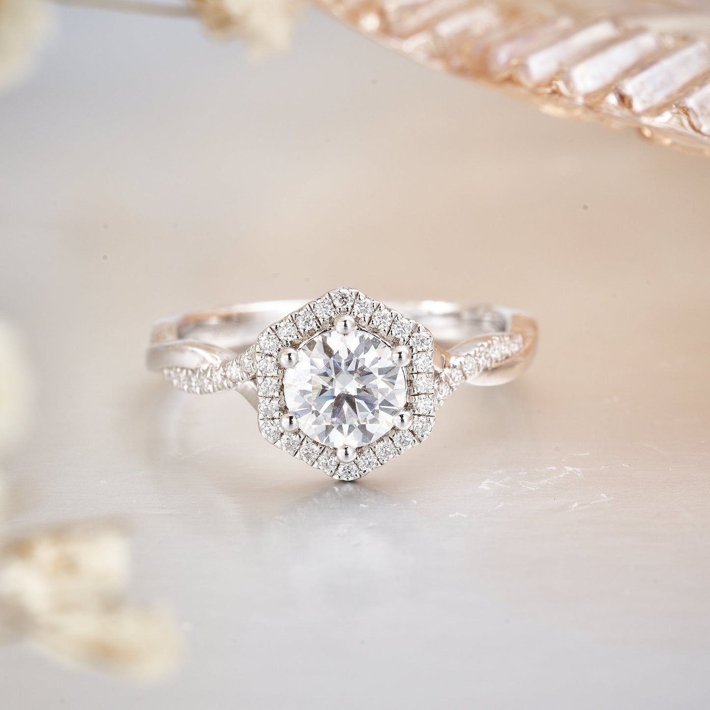 1CT Moissanite Hexagon Halo Engagement Wedding Ring Set for Women
