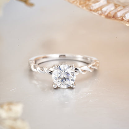 Moissanite Solitaire Twist Moissanite Engagement Ring with Hidden Halo