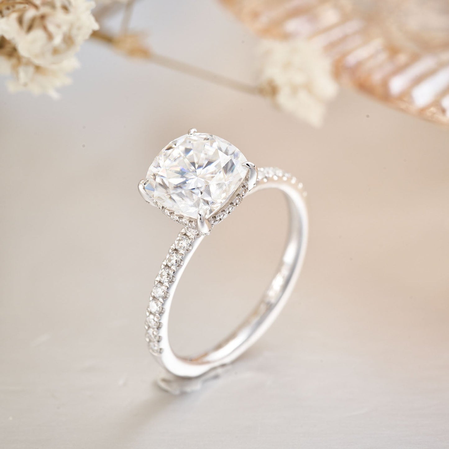 Cushion Cut Hidden Halo Moissanite Rings for Women 2.5CT