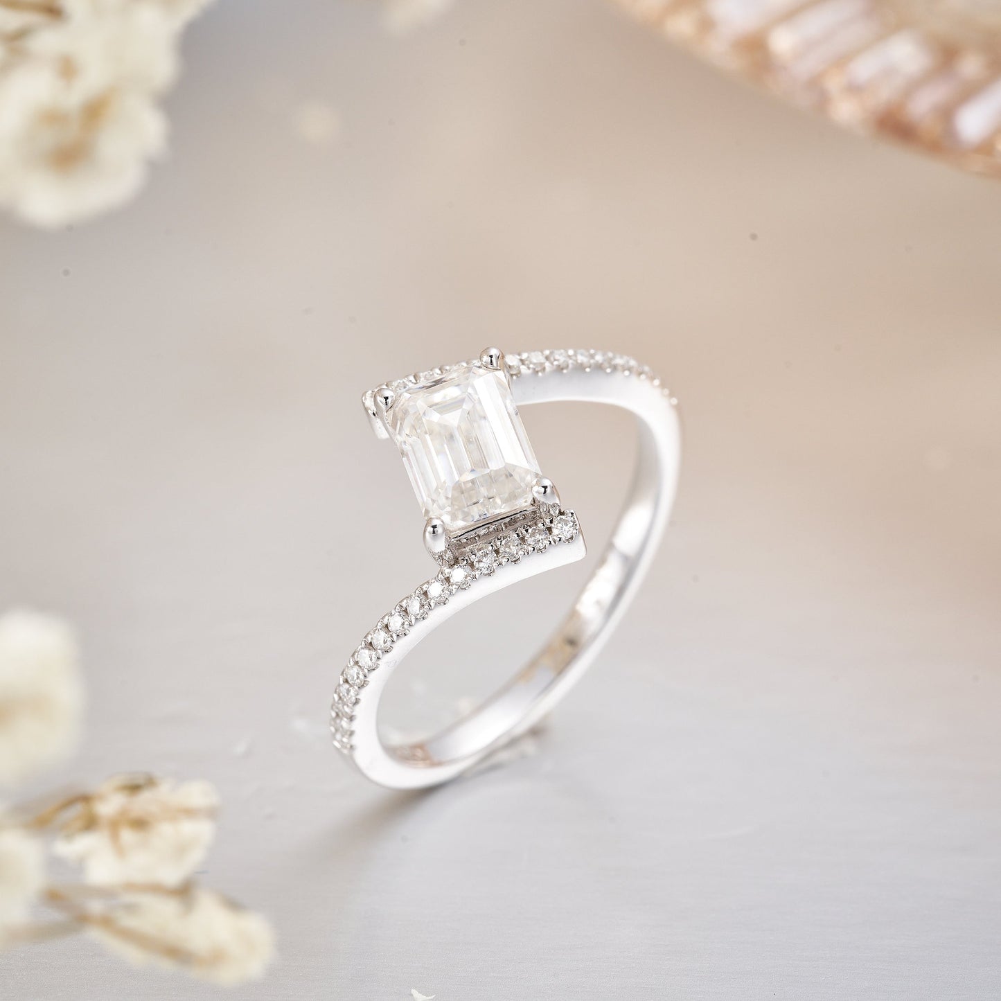 Moissanite Emerald Cut Bypass Engagement Ring for Women 1CT
