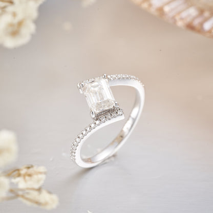 Moissanite Emerald Cut Bypass Engagement Ring for Women 1CT