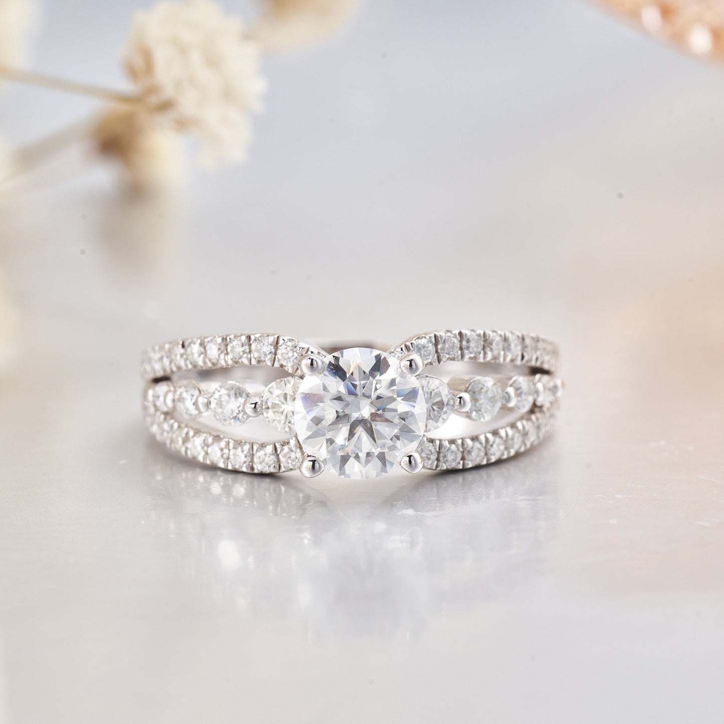 1CT Moissanite Split Shank 3 Rows Pave Engagement Ring for Women