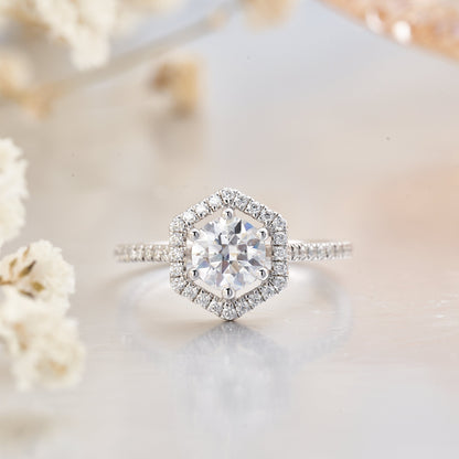 Moissanite Art Deco Hexagon Halo Engagement Ring for Women 1CT
