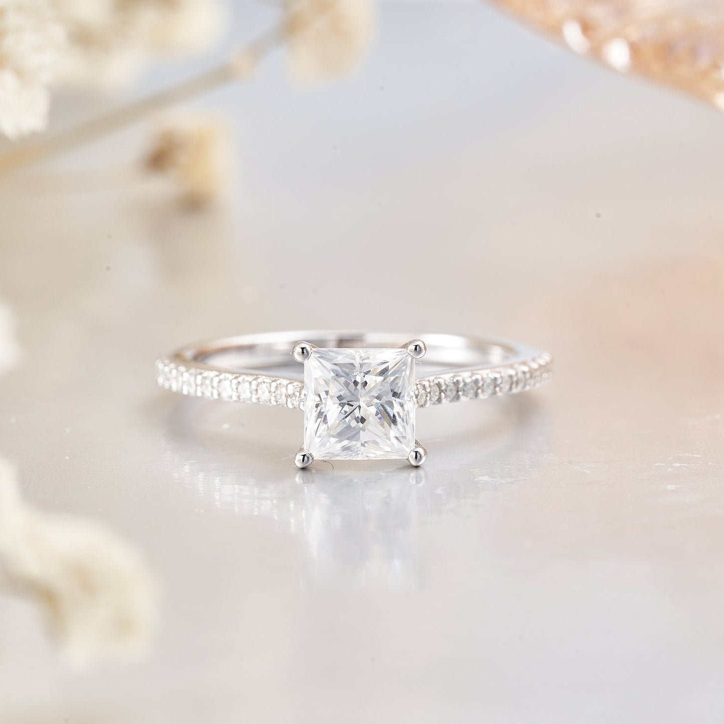 Princess Cut Solitaire Moissanite Engagement Ring for Women 1.35CT