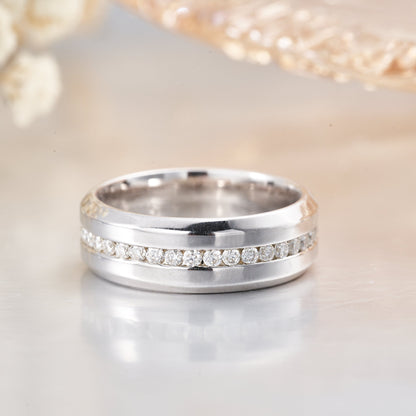 Wide Moissanite Wedding Band Sterling Silver Channel Set