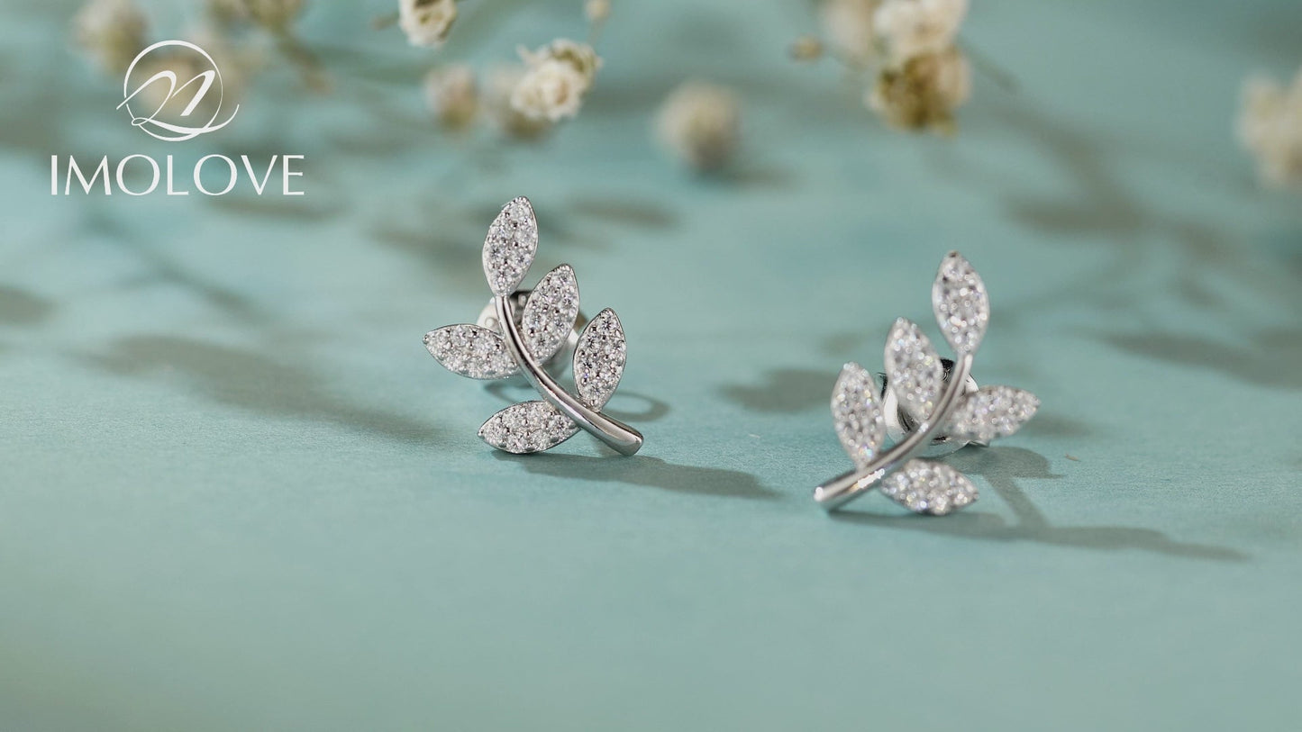 Moissanite Leaf Nature Inspired Stud Earrings for Women