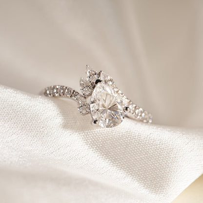 Moissanite Pear Shaped Engagement Ring for Women with Bypass Pave Band
