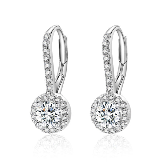 Moissanite Round Cut Halo Leverback Drop Earrings for Women 1CT