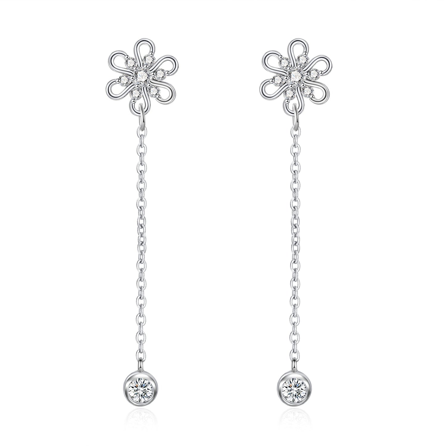 Moissanite Flower Dangle Long Earrings for Women in Silver