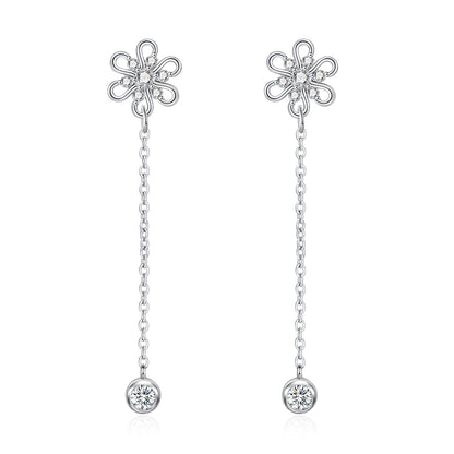 Moissanite Flower Dangle Long Earrings for Women in Silver