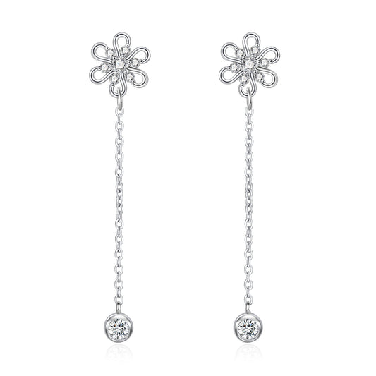 Moissanite Flower Dangle Long Earrings for Women in Silver