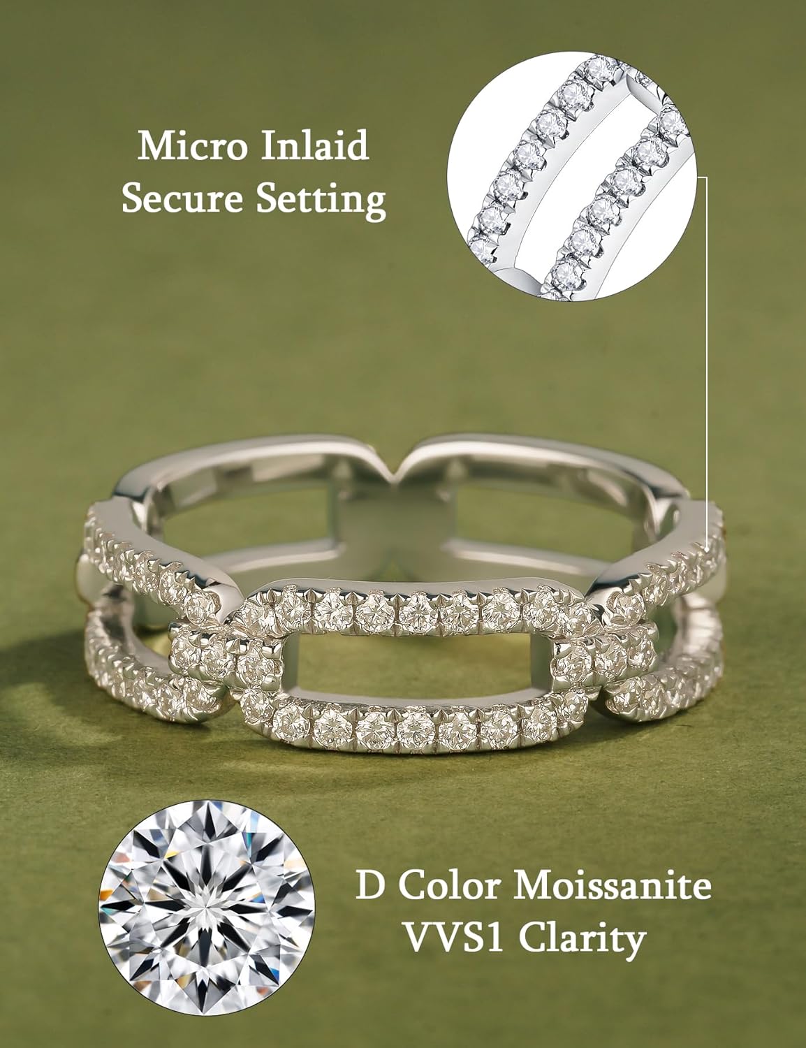 Moissanite Wedding Bands Trendy Fashion Simple 0.36 Carat Silver Chain Link Rings for Women
