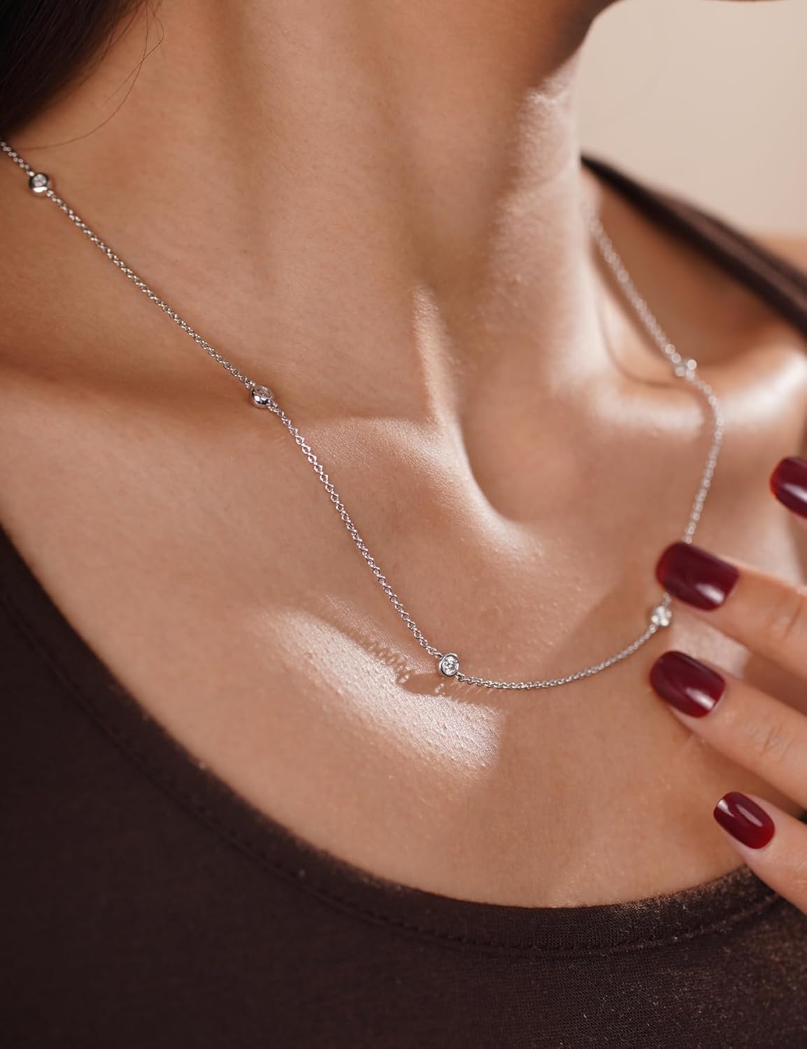 Moissanite Station Necklaces for Women Sterling Silver Dainty Bezel Set Stones 3.0MM