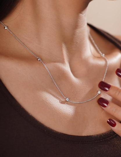 Moissanite Station Necklaces for Women Sterling Silver Dainty Bezel Set Stones 3.0MM