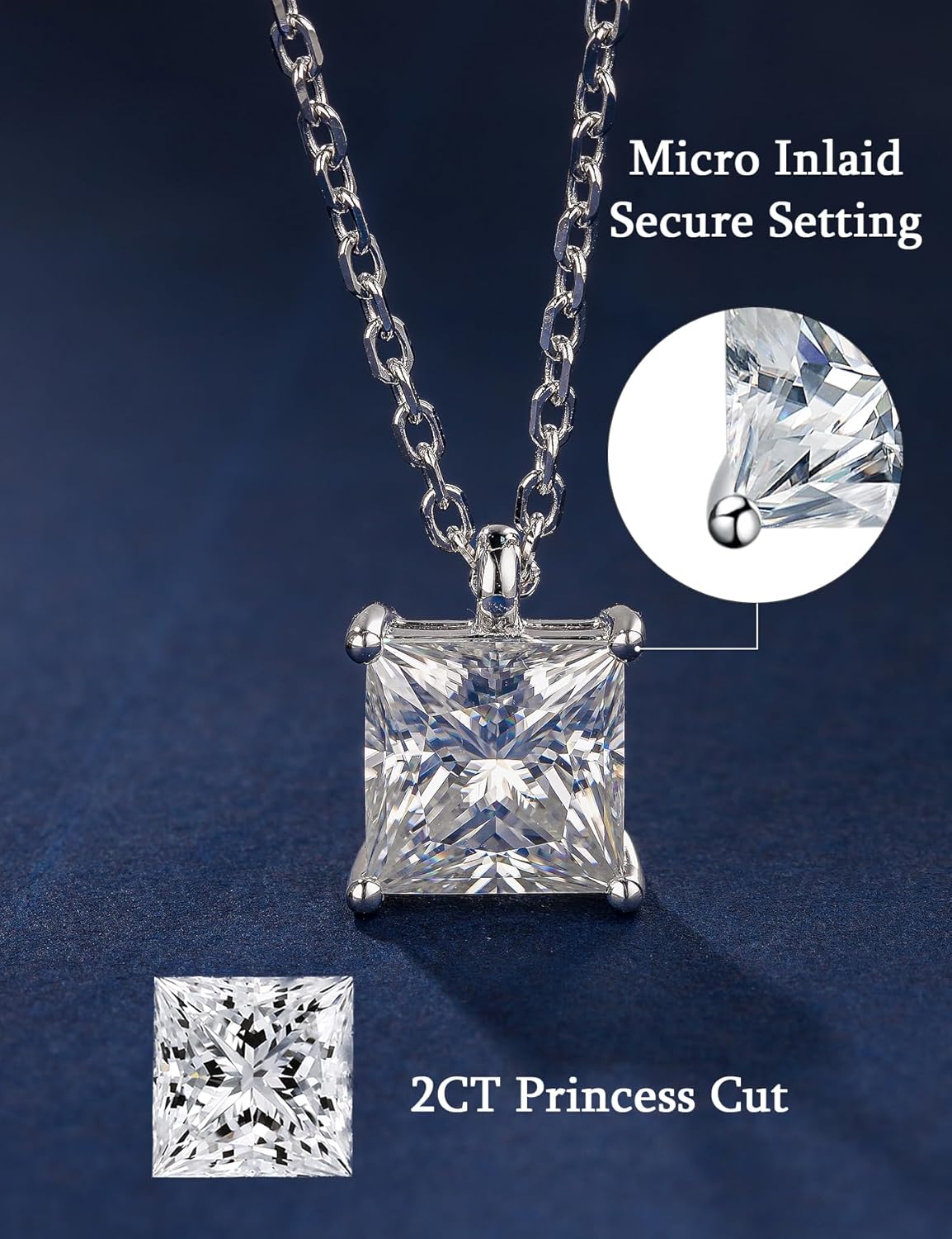 BLISSPAVILION 2CT Princess Moissanite Solitaire Pendant Necklaces for Women