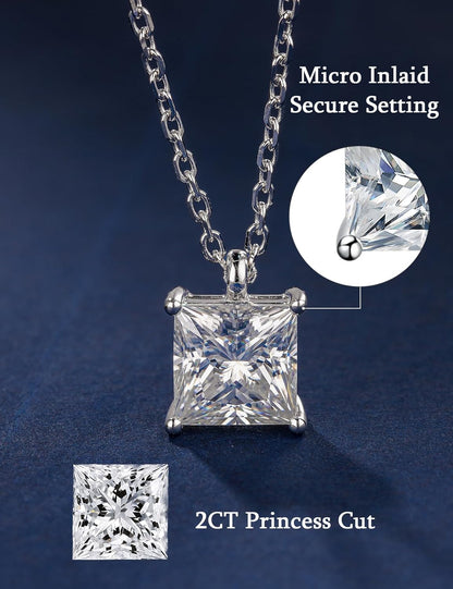 BLISSPAVILION 2CT Princess Moissanite Solitaire Pendant Necklaces for Women