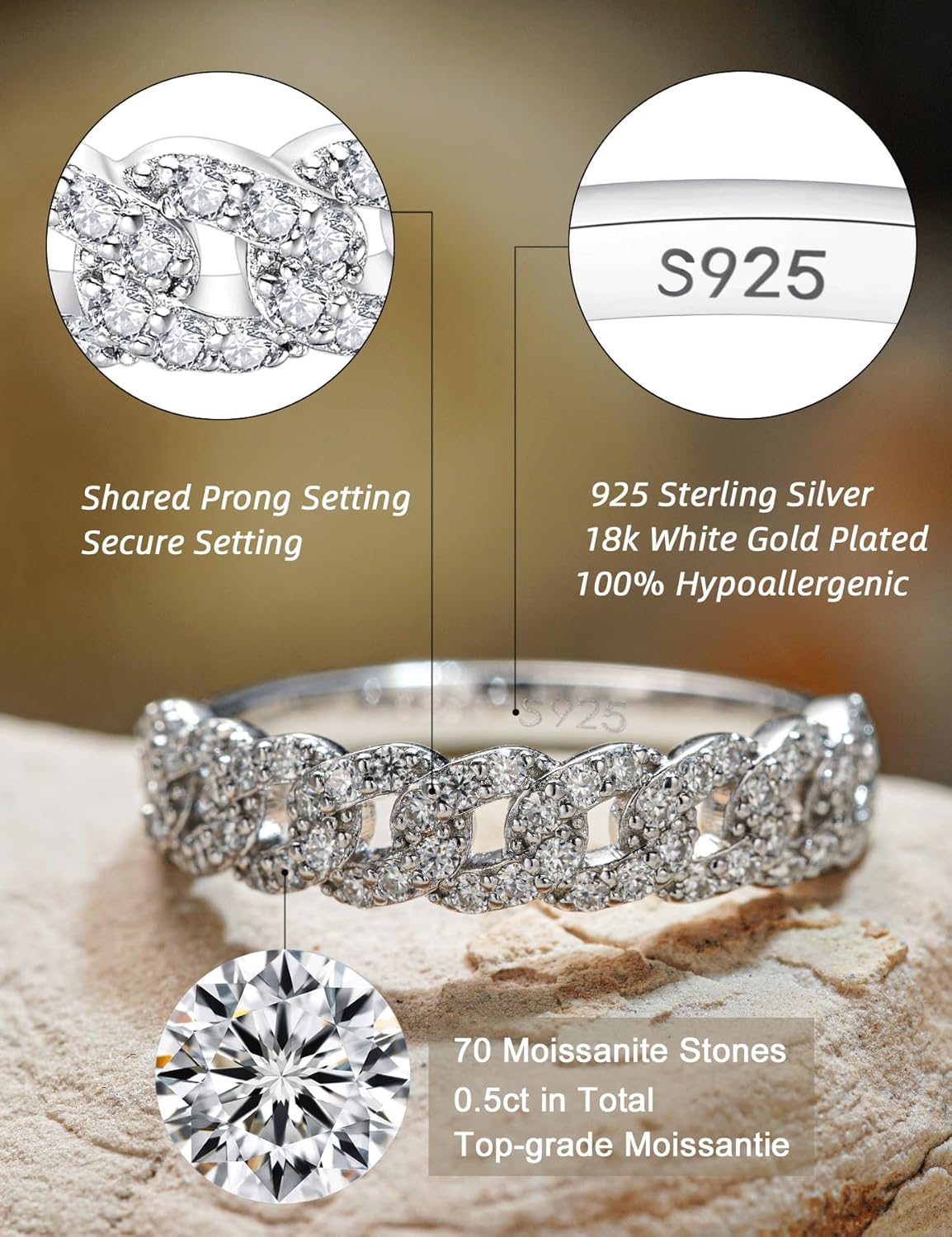 Moissanite Wedding Bands for Women Fashion Simple 0.5 Carat Stackable Chain Ring