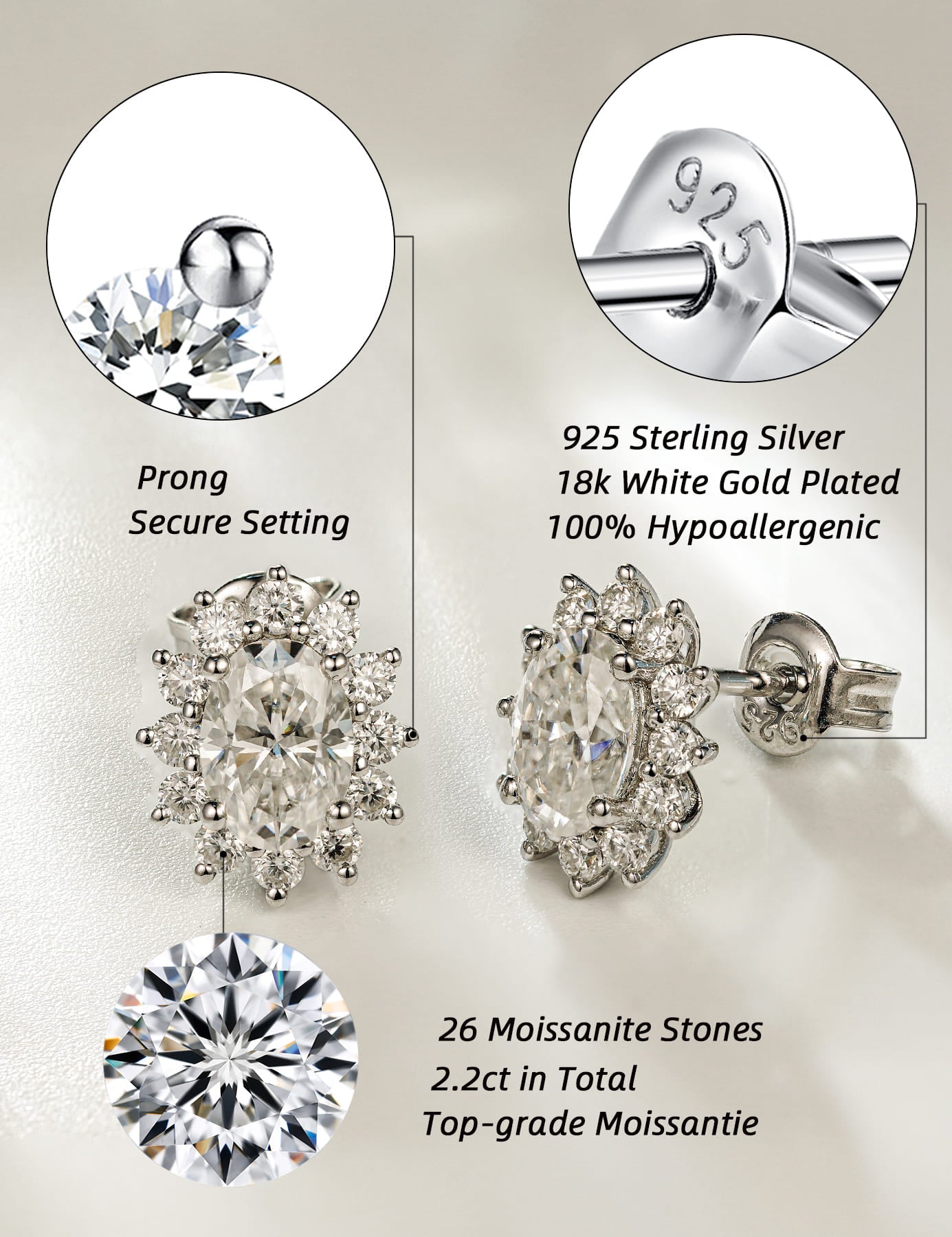 Oval Cut Moissanite Hypoallergenic Stud Earrings for Women 1.5 Carat
