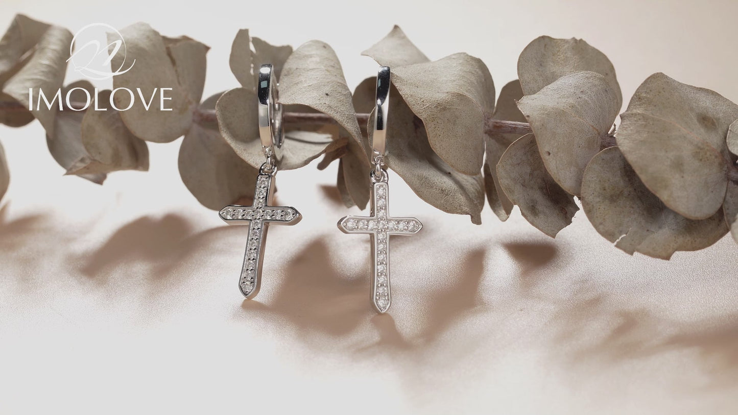 Moissanite Cross Dangle Huggie Hoop Earrings for Women